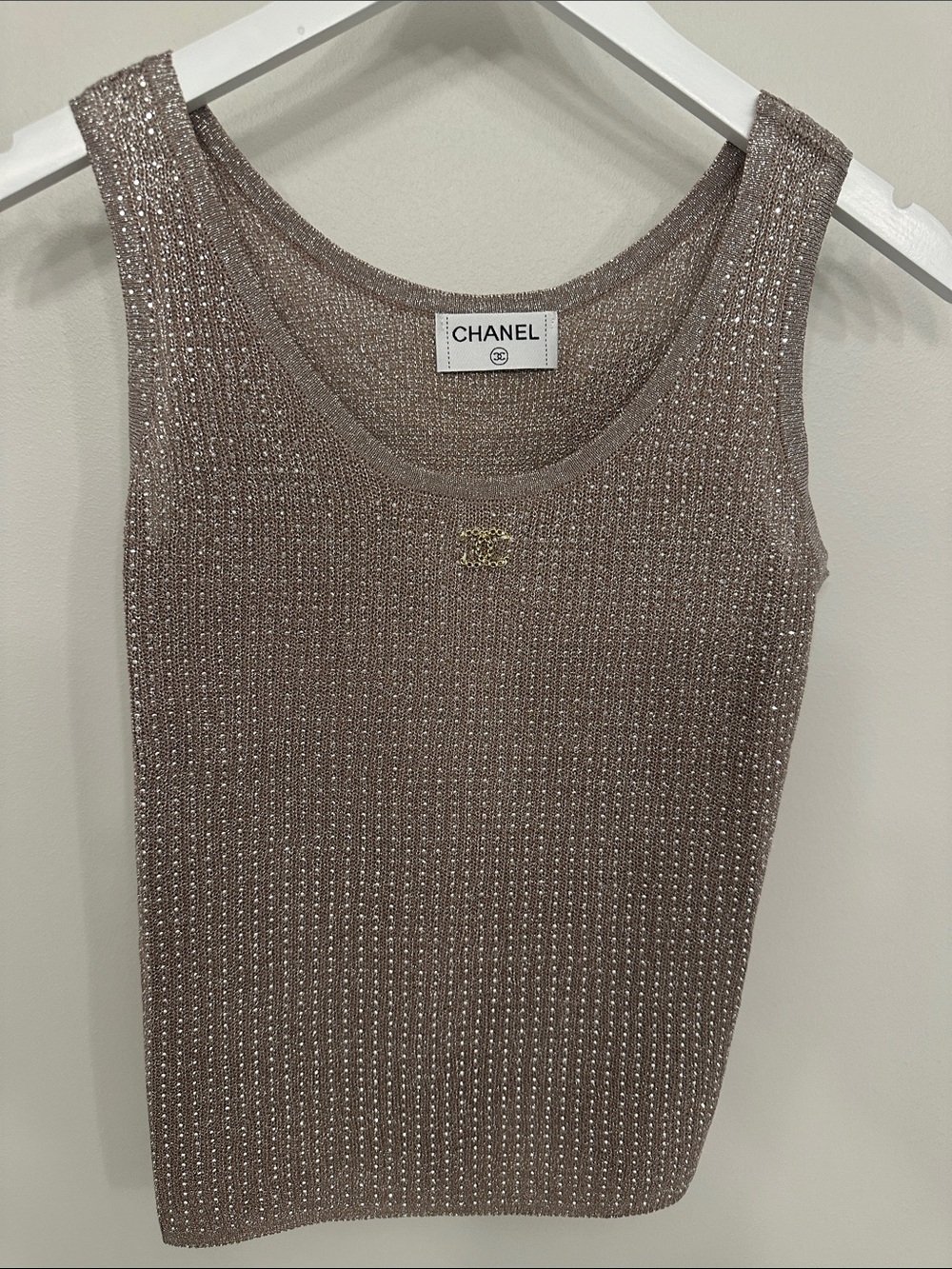 CHANEL Shimmer Knit Tank Top in Taupe Metallic